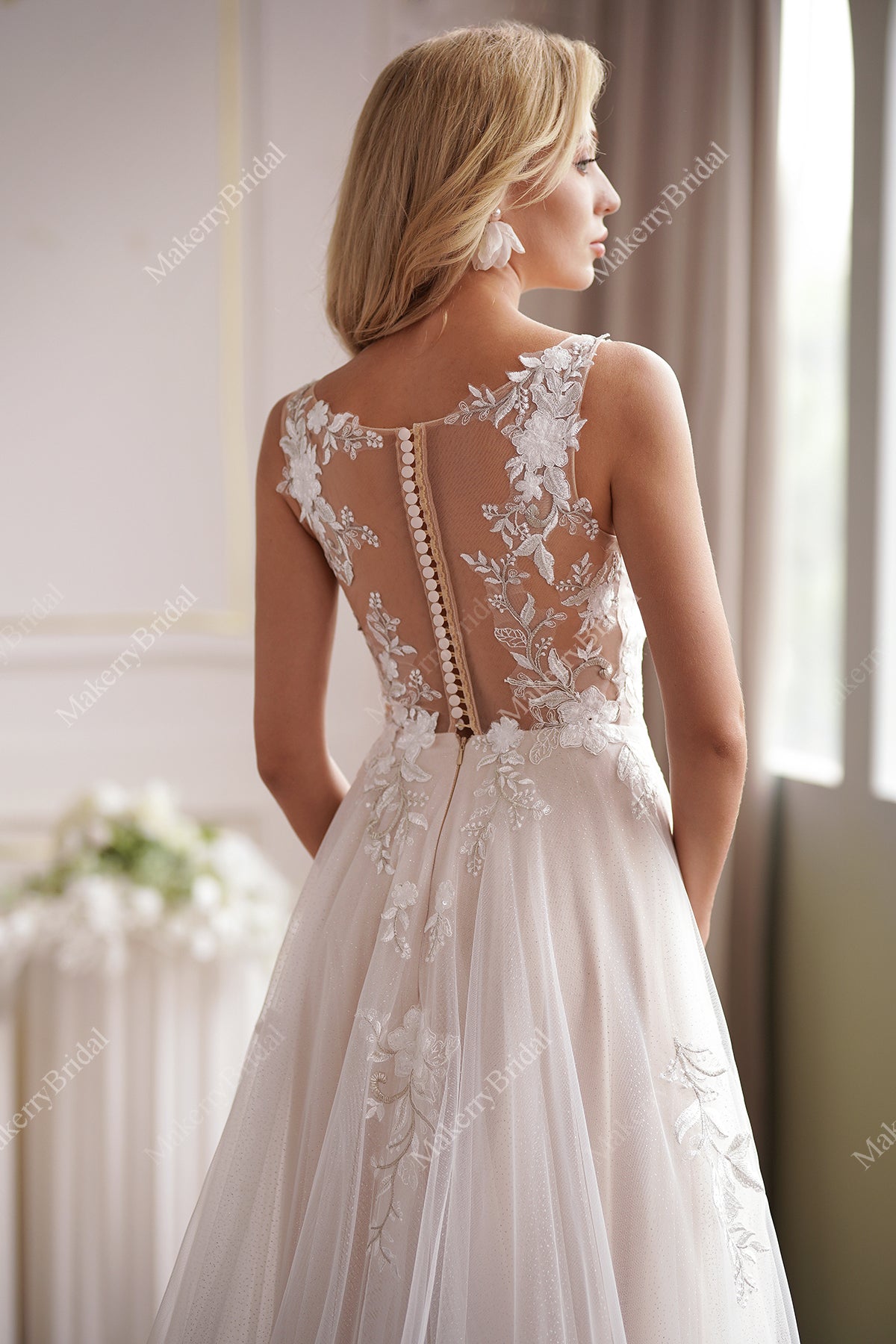 Romantic Beaded Lace Illusion Back Bridal Gown