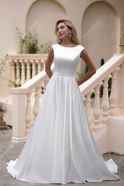 women satin a line wedding dress uk A-line Satin Wedding Dress Cowl Neck Chapel Train with Bowknot Pleated Pockets Split S3052W - Wedding Dresses