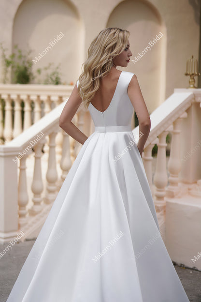 Simple Long Satin A-Line Wedding Dresses With Pockets – MakerryBridal