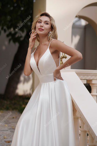 Simple Short Satin Wedding Dress With Pockets