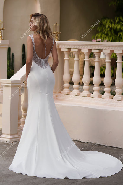 Simple Satin Wedding Dresses With Beaded Backless