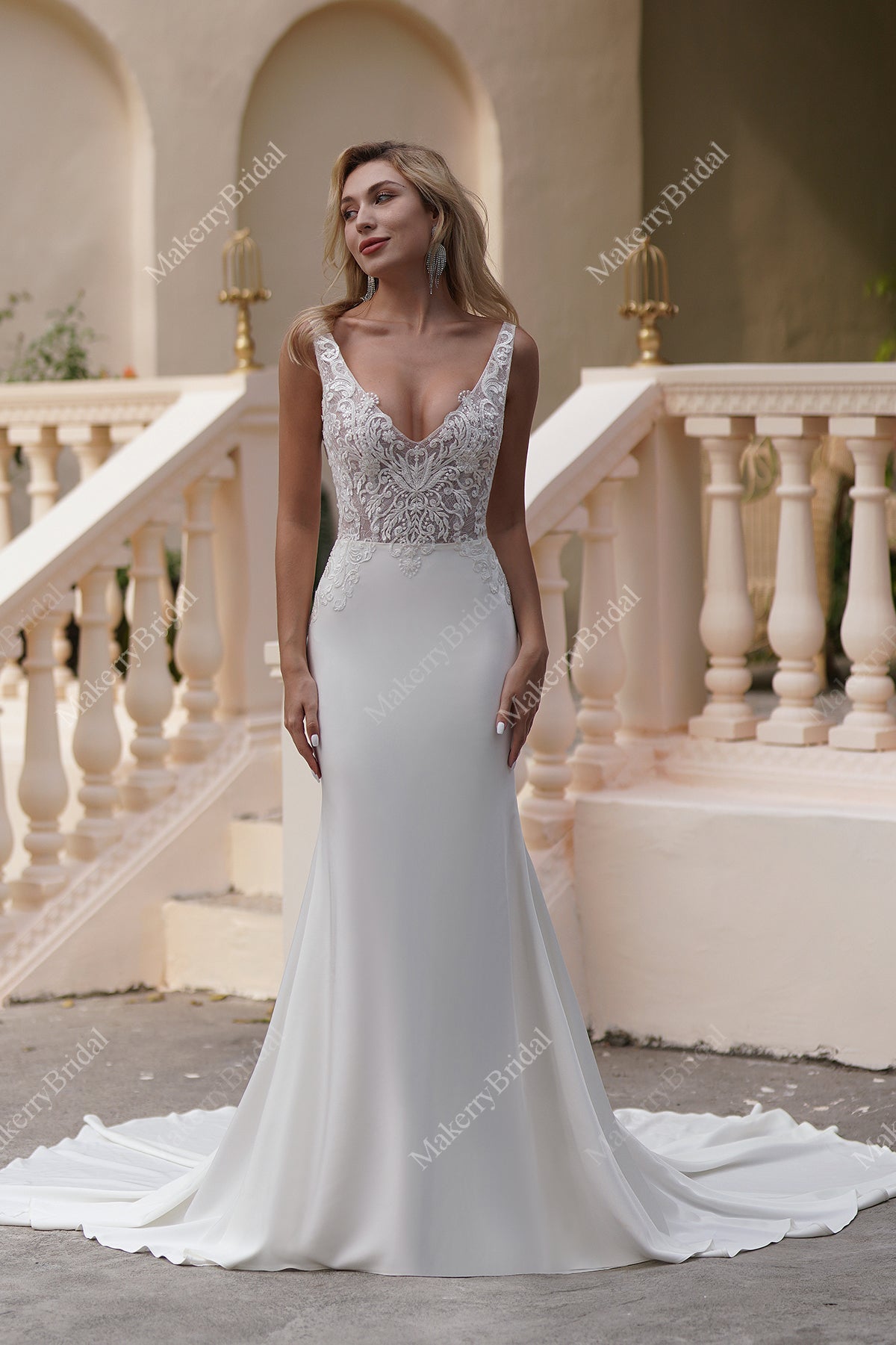 Elegant Beaded Lace Satin Mermaid Wedding Dress