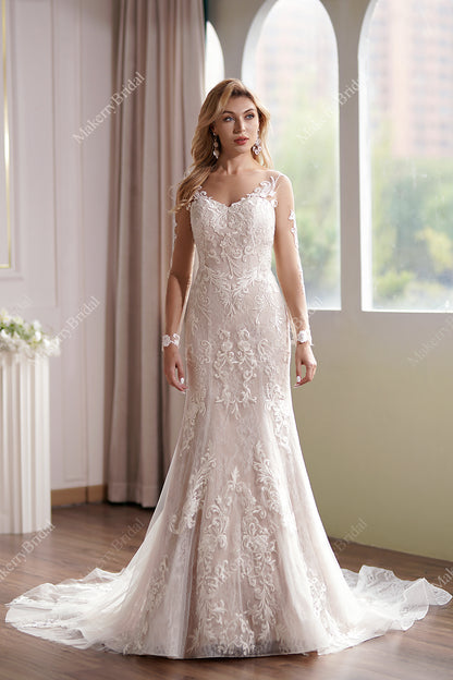 Long Sleeve Lace Appliques Bridal Dress With Illusion Back