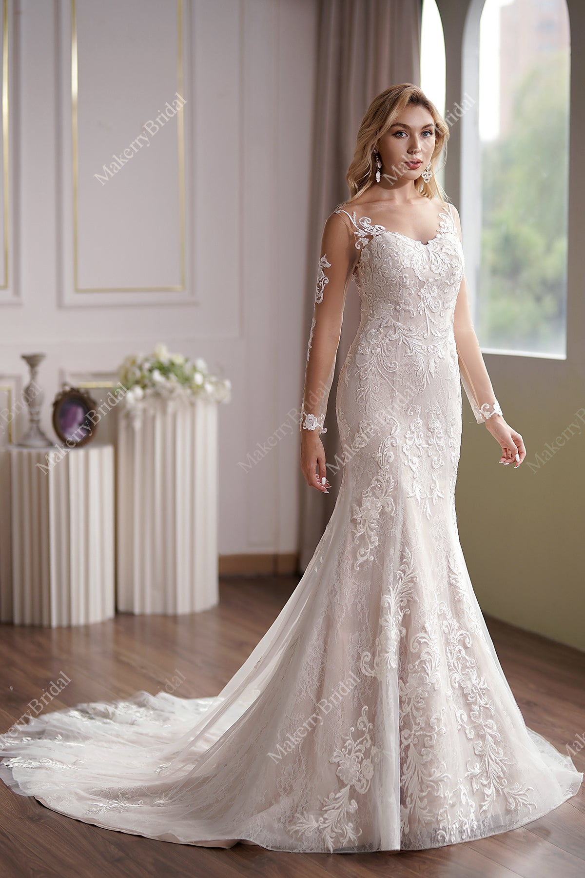 long sleeve illusion back wedding dress 44407: Long Sleeve Fit and Flare Bridal Gown with Illusion Back