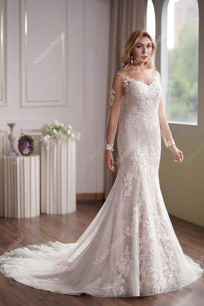 Long Sleeve Lace Appliques Bridal Dress With Illusion Back