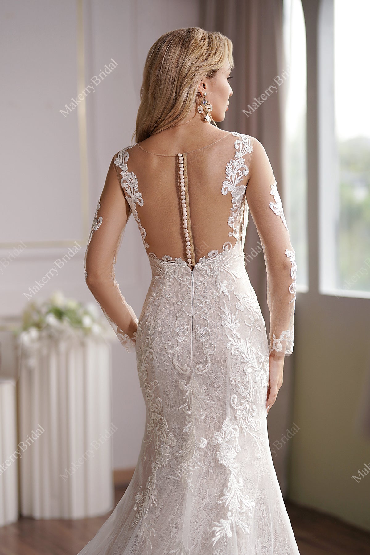 Long Sleeve Lace Appliques Bridal Dress With Illusion Back – MakerryBridal