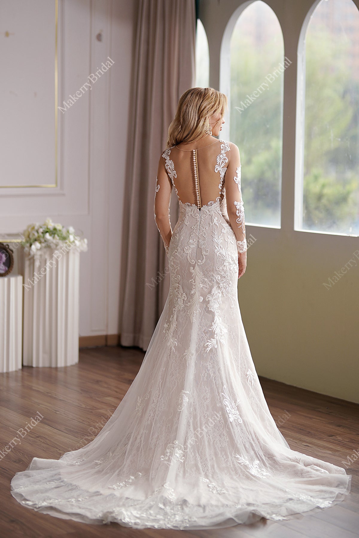 Long Sleeve Lace Appliques Bridal Dress With Illusion Back – MakerryBridal