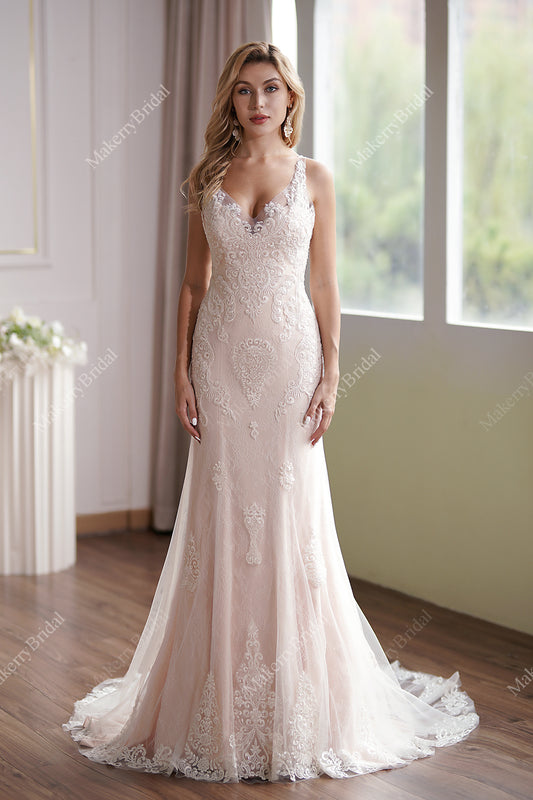 Luxurious Blush V-Neck Beaded Mermaid Bridal Gown