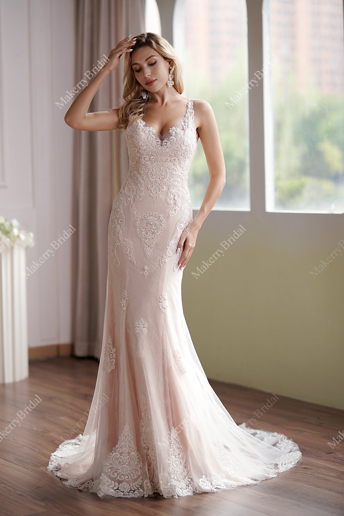 Luxurious Blush V-Neck Beaded Mermaid Bridal Gown