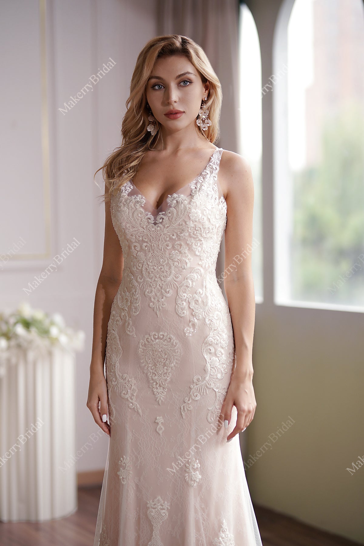 Luxurious Blush V-Neck Beaded Mermaid Bridal Gown