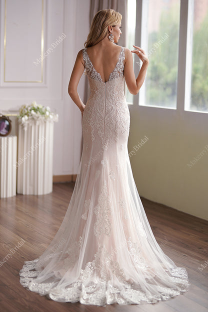 Luxurious Blush V-Neck Beaded Mermaid Bridal Gown