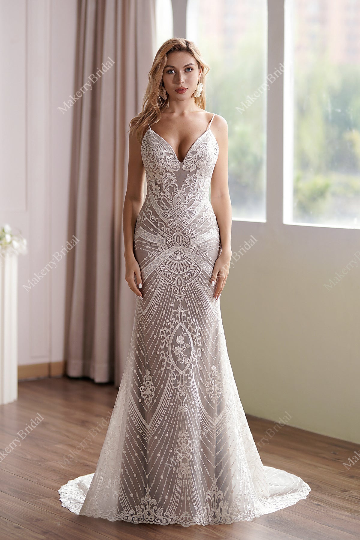 Glamorous Lace Fit-and-Flare Wedding Gown With Plunging Neckline