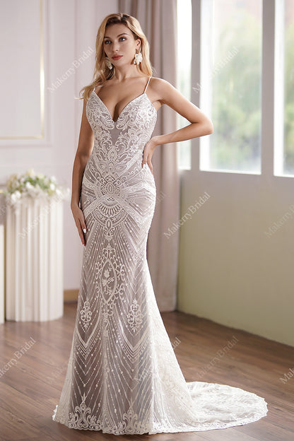 Glamorous Lace Fit-and-Flare Wedding Gown With Plunging Neckline