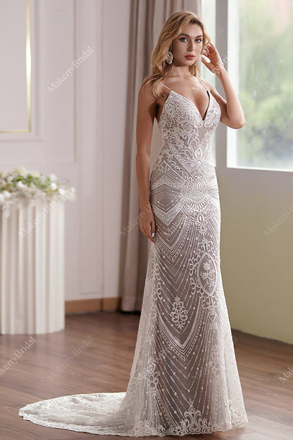 Glamorous Lace Fit-and-Flare Wedding Gown With Plunging Neckline