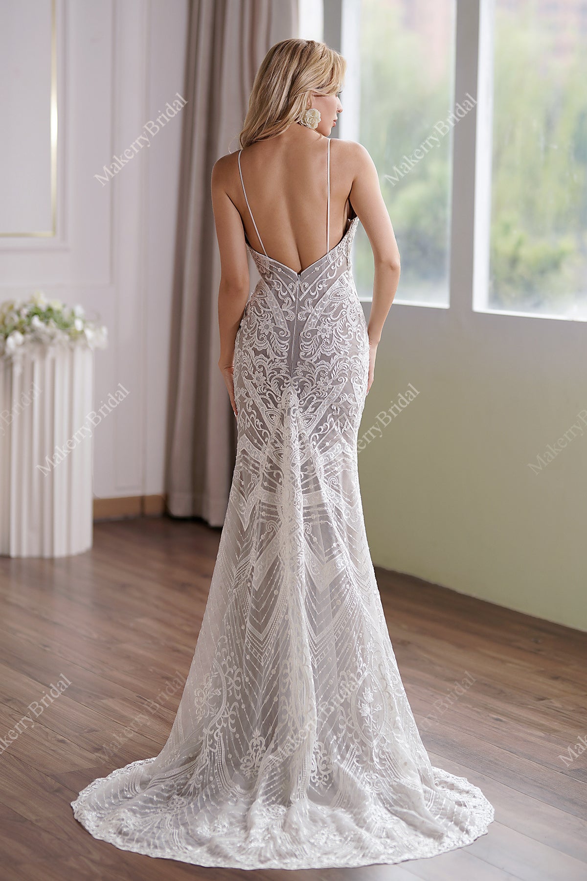 Glamorous Lace Fit-and-Flare Wedding Gown With Plunging Neckline