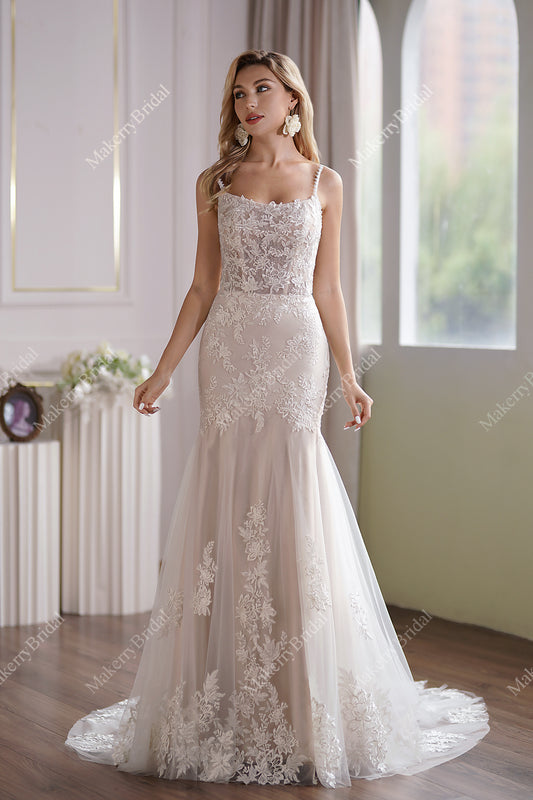 This Tulle Mermaid Bridal Gown Has A Subtle Scoop Neckline And A Sheer Back