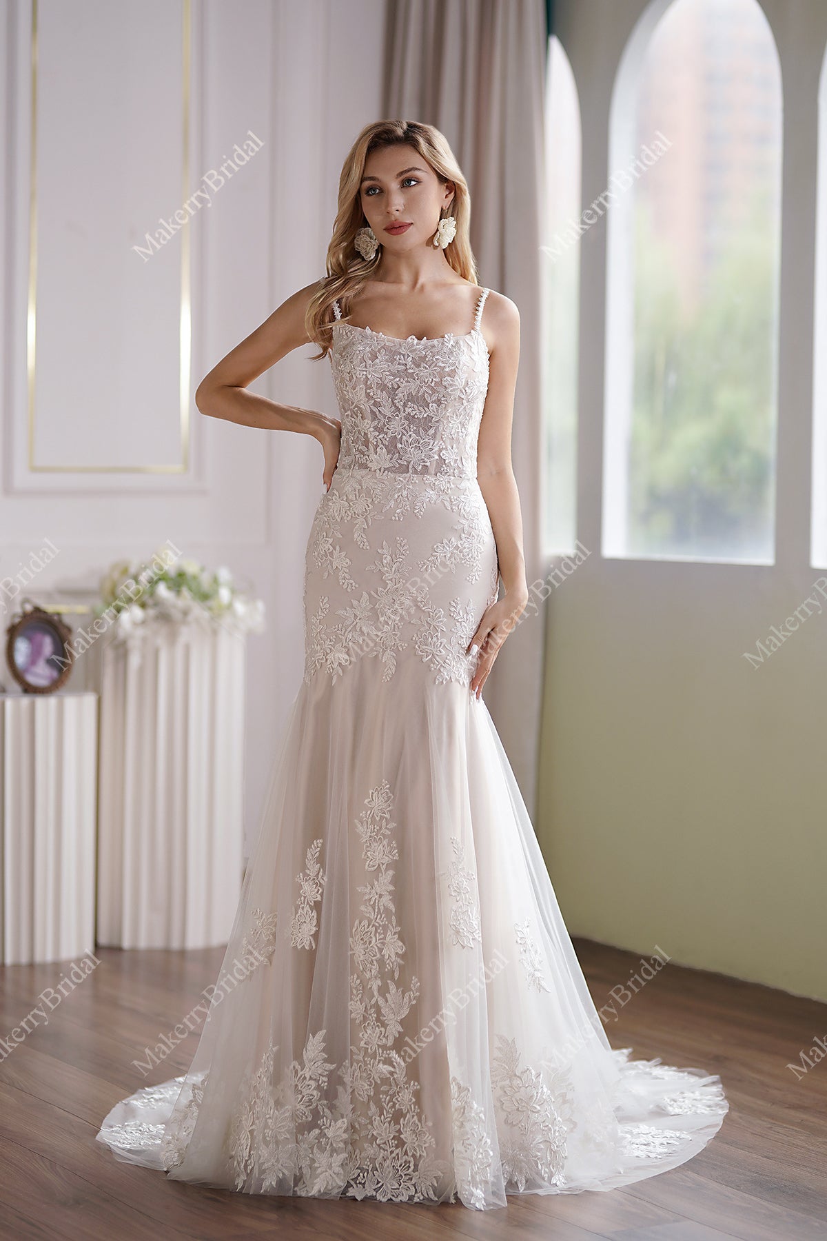 This Tulle Mermaid Bridal Gown Has A Subtle Scoop Neckline And A Sheer Back