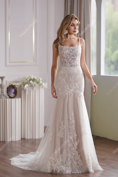 This Tulle Mermaid Bridal Gown Has A Subtle Scoop Neckline And A Sheer Back