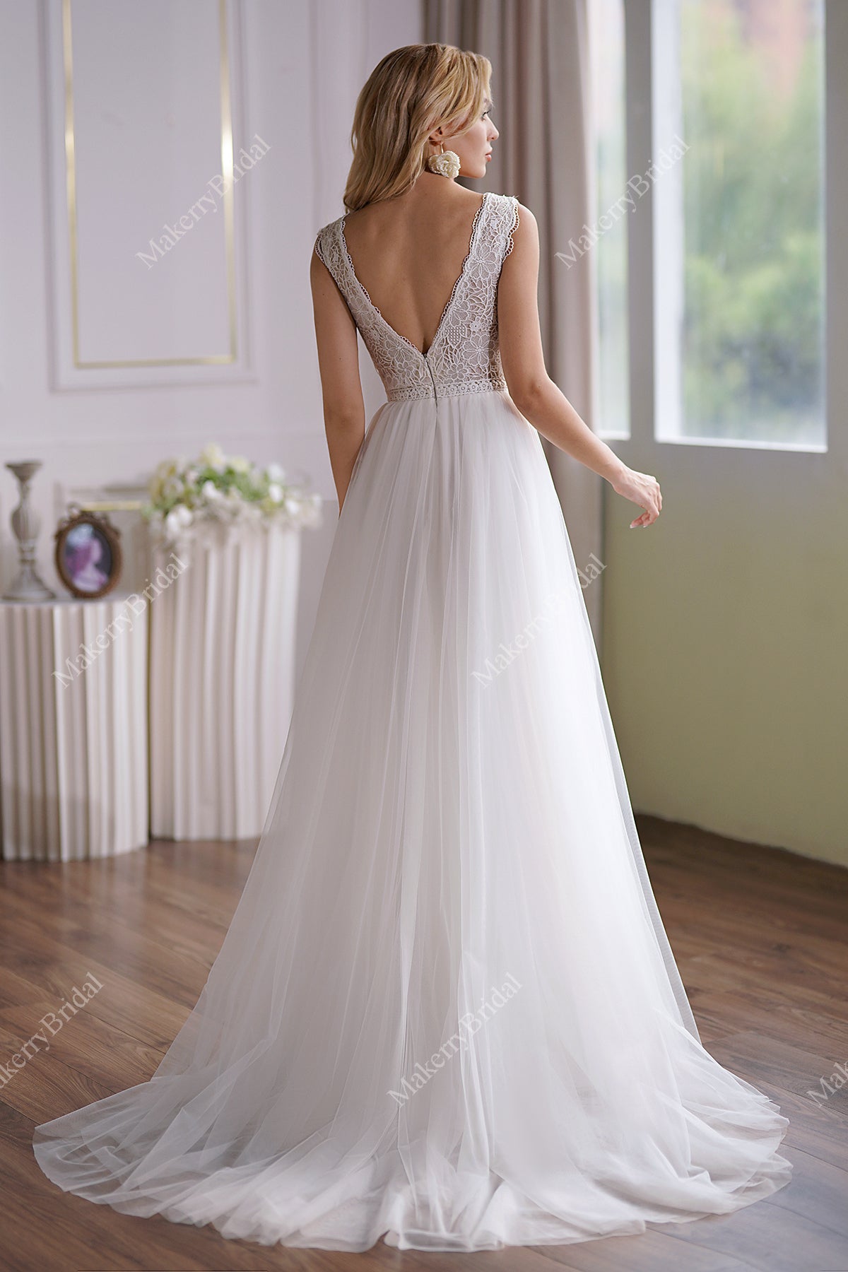 Illusion Lace Boho Wedding Dress With Alluring Open Back