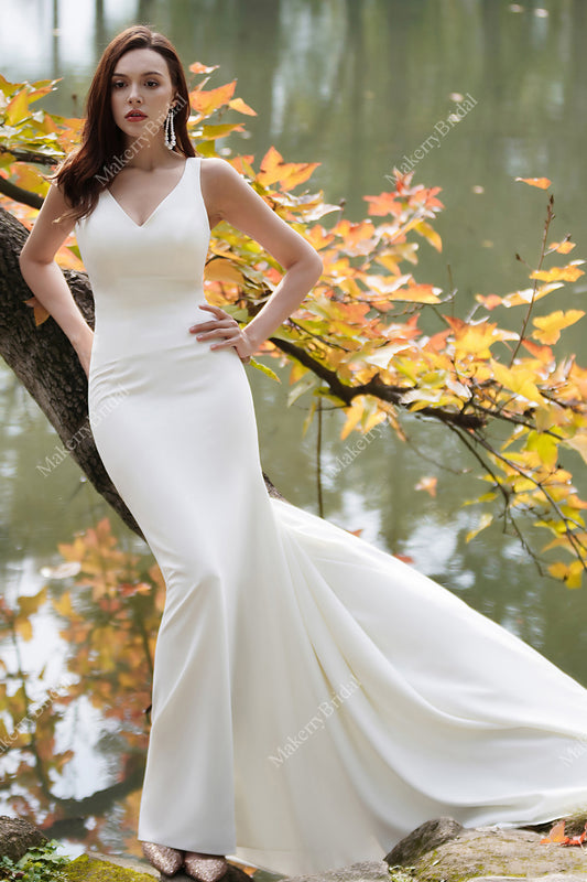 Simple Fit & Flare Wedding Dress With A Deep-V Back