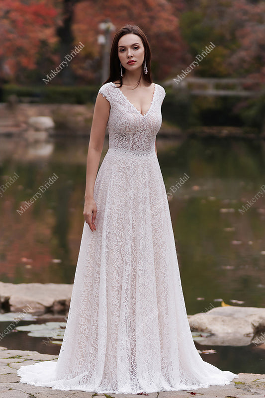 Romantic Pink Nude Beach A-Line Wedding Dress