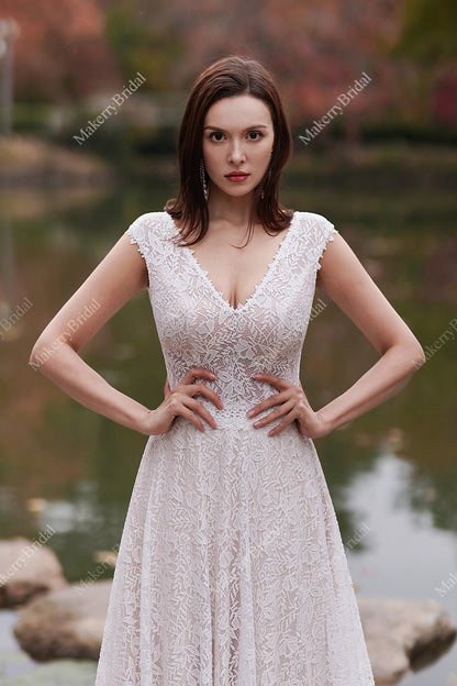 Romantic Pink Nude Beach A-Line Wedding Dress