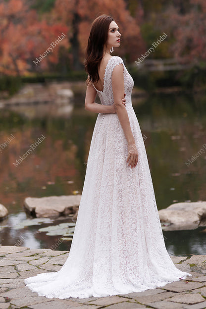 Romantic Pink Nude Beach A-Line Wedding Dress