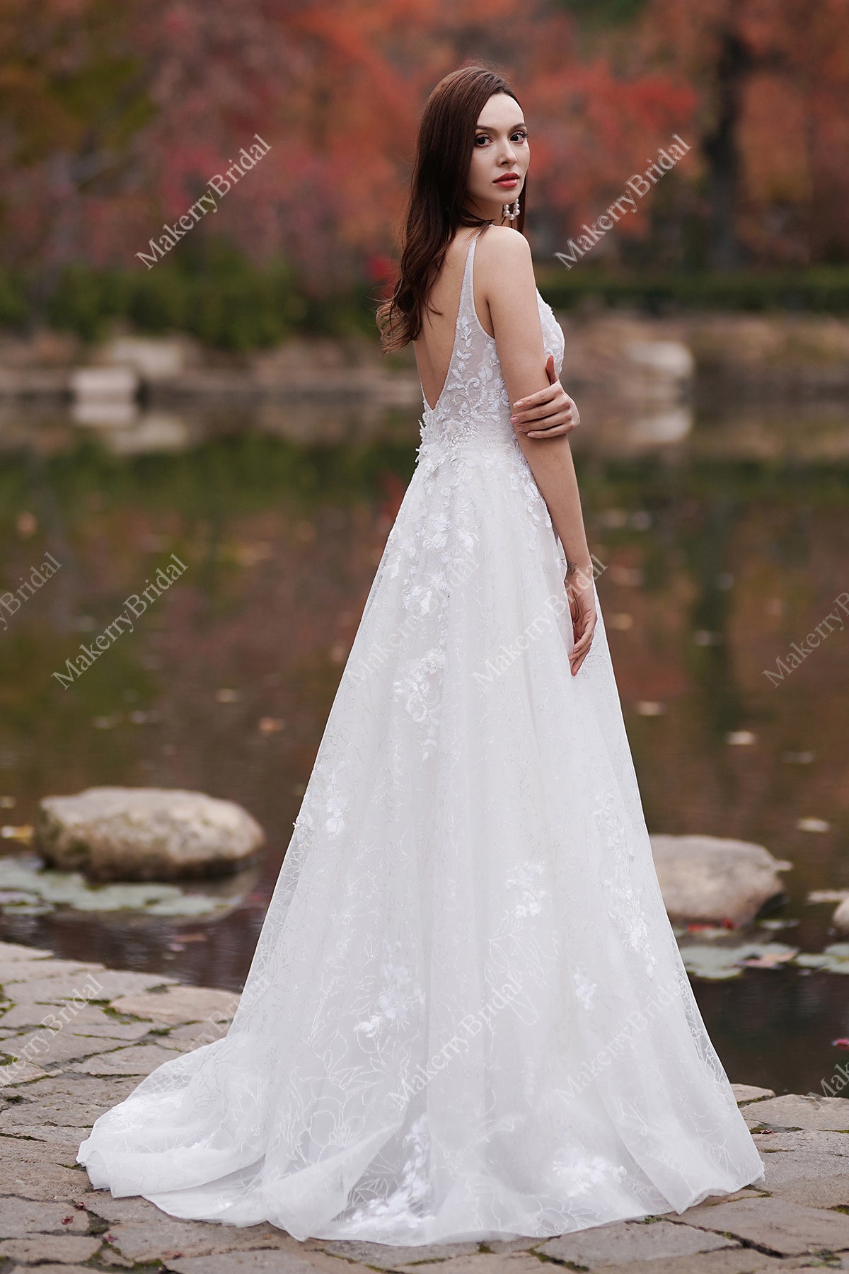 Simple A-Line Wedding Dress with Floral Lace Bodice