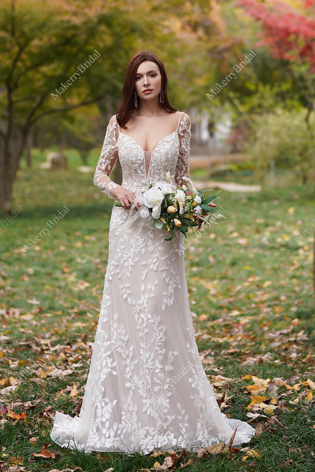 Glamorous Lace Fit-and-Flare Wedding Gown with Plunging Neckline