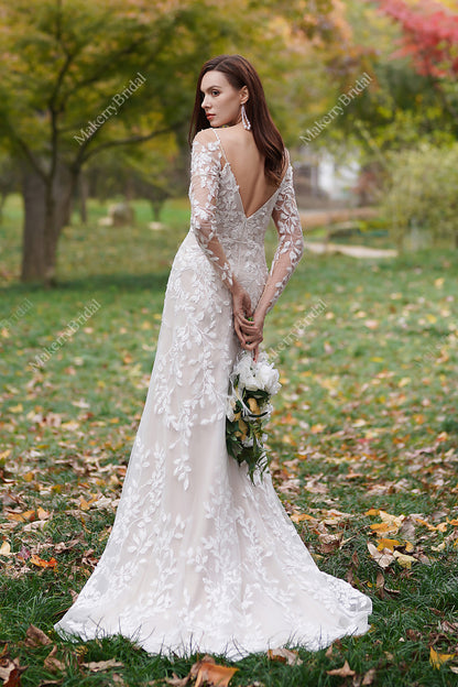 Delicate 3D Lace Hand Beaded Straps Gown With Sleeves