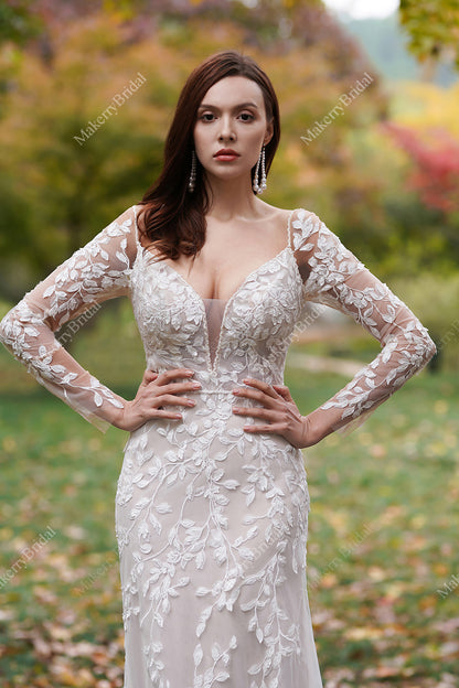 Delicate 3D Lace Hand Beaded Straps Gown With Sleeves