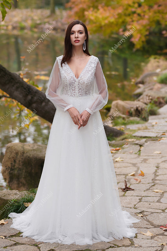 Vintage Boho Lace Wedding Dresses With Long Sleeves