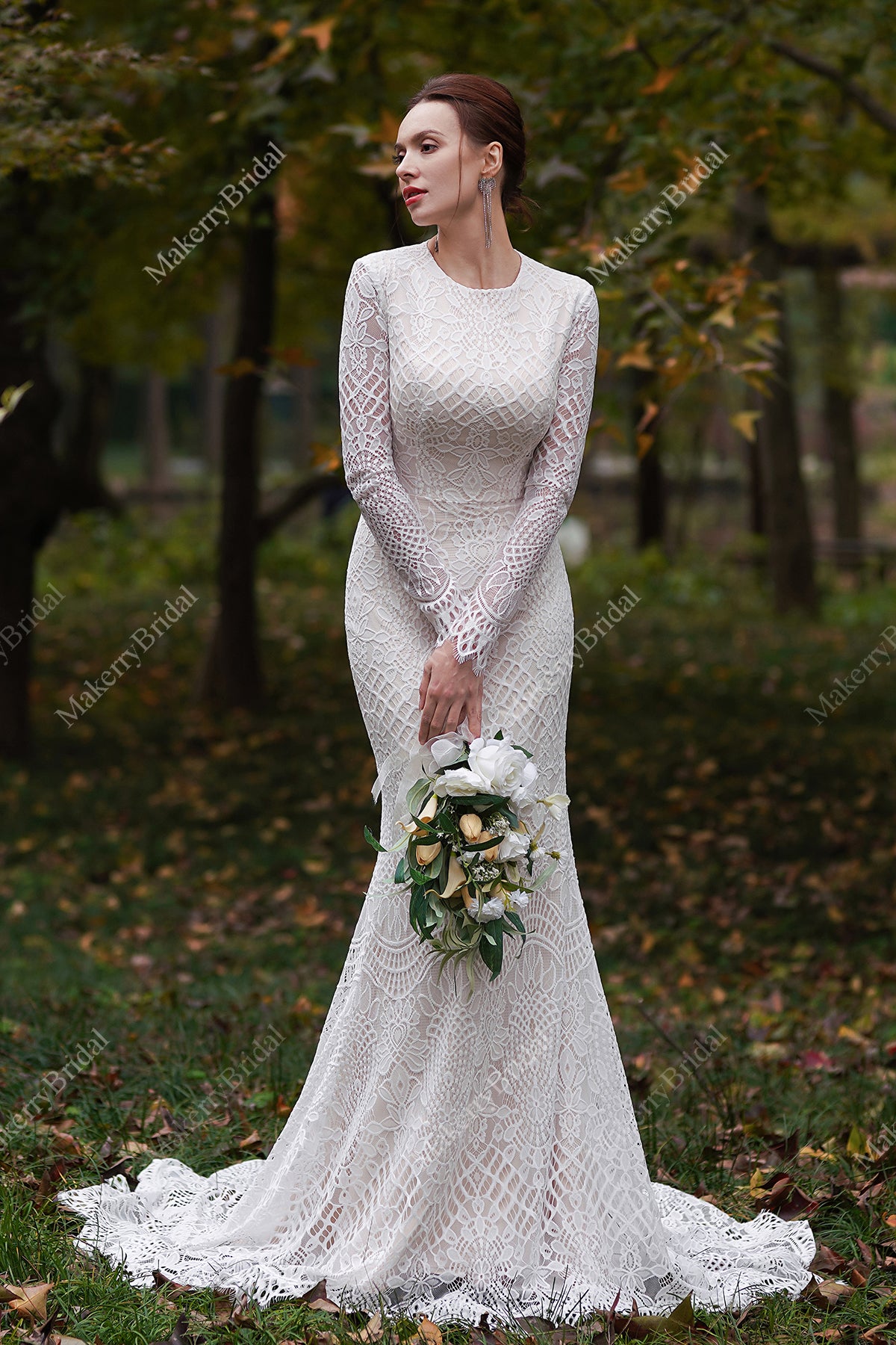 Modest Long Sleeves Lace Mermaid Wedding Dress – MakerryBridal