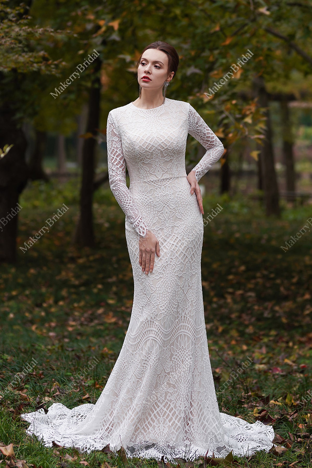 Modest Long Sleeves Lace Mermaid Wedding Dress – MakerryBridal