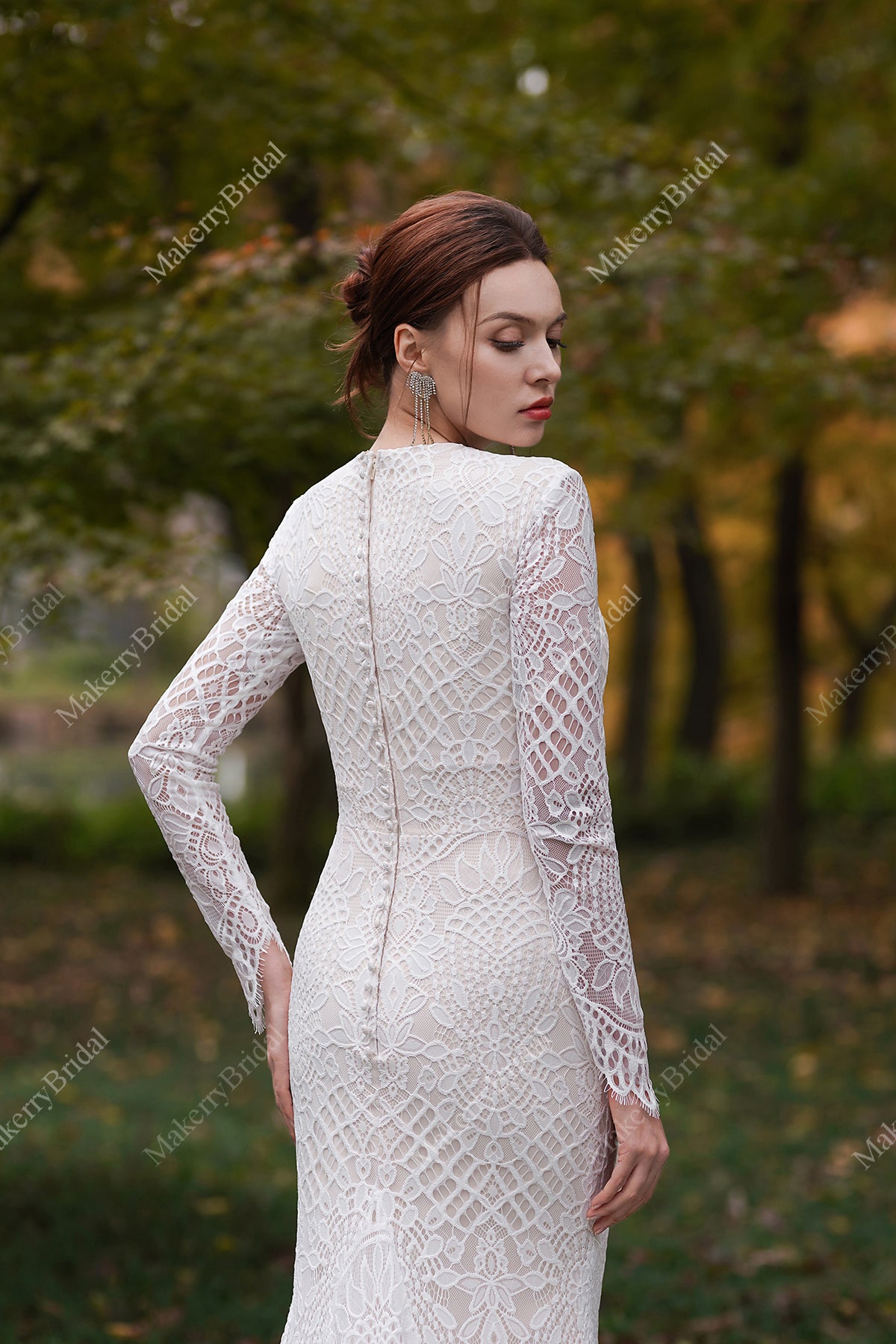 Modest Long Sleeves Lace Mermaid Wedding Dress MakerryBridal