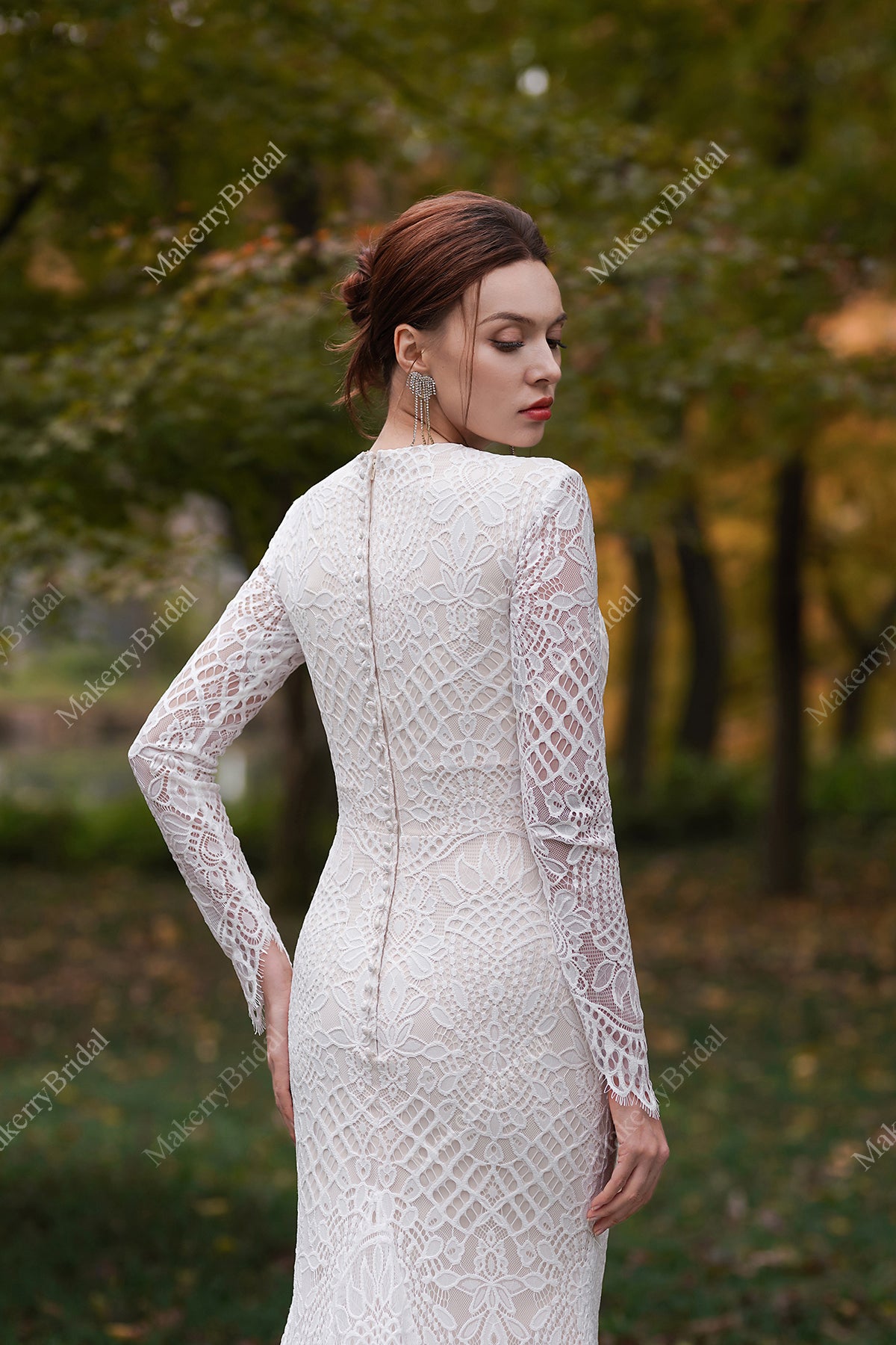 Modest Long Sleeves Lace Mermaid Wedding Dress – MakerryBridal