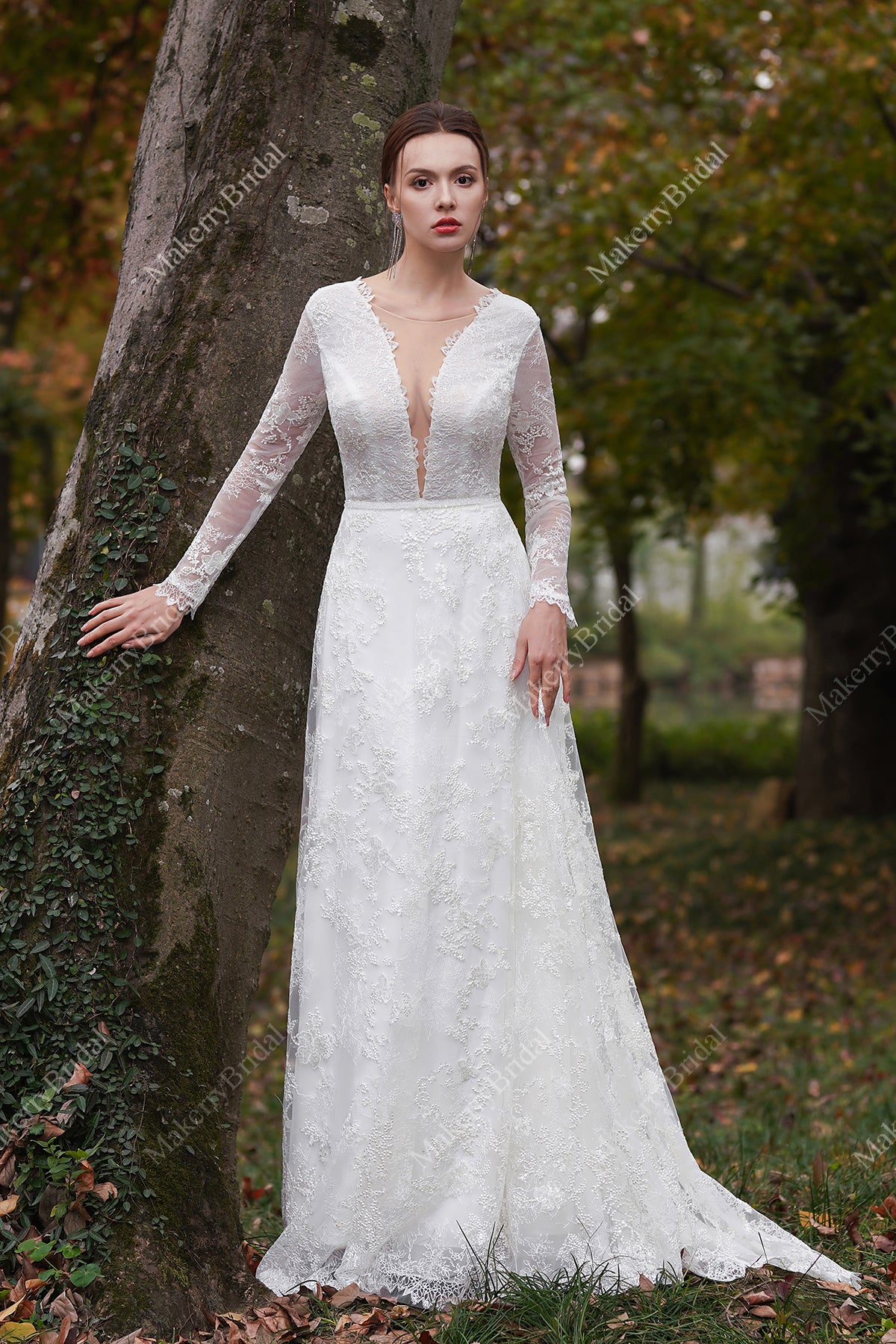 Romantic Floral Lace Beaded Bridal Gown With Long Sleeves