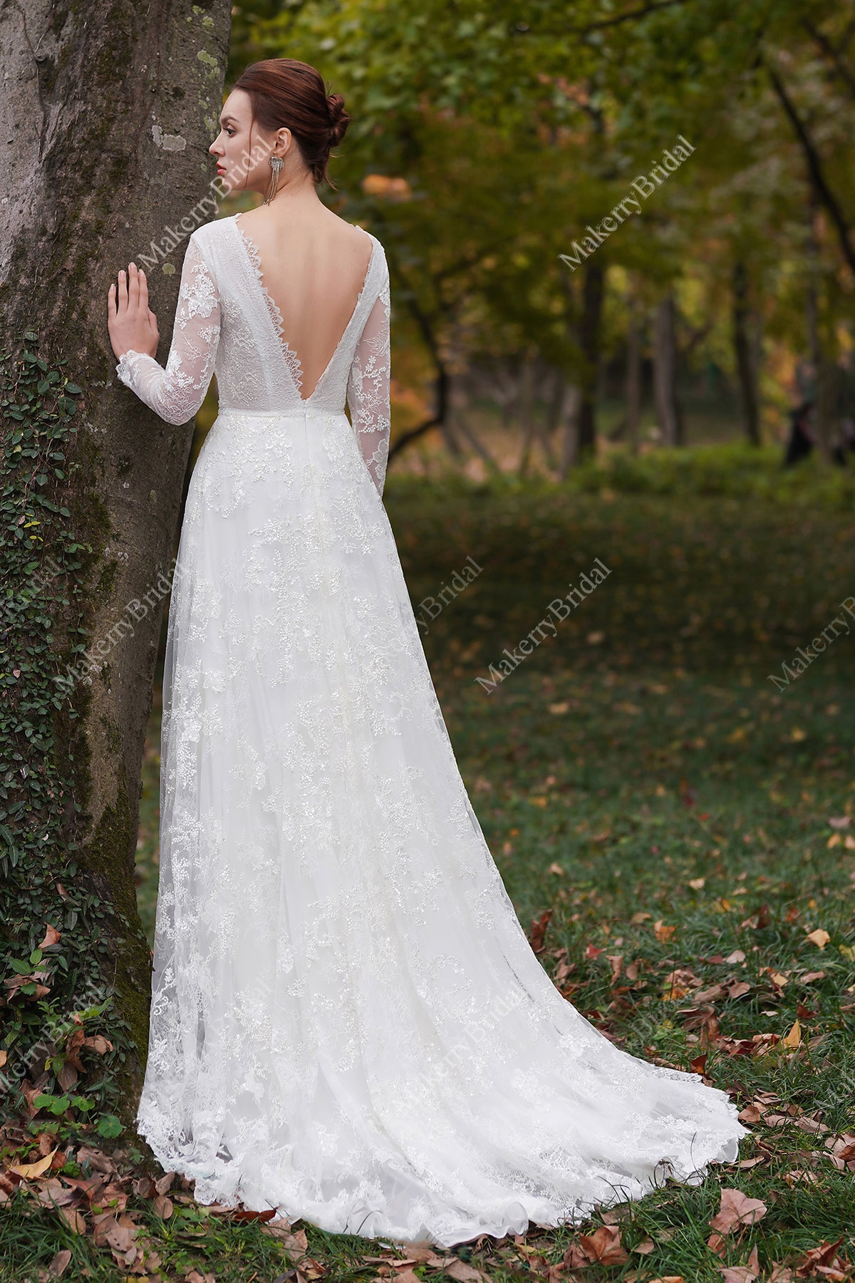 Romantic Floral Lace Beaded Bridal Gown With Long Sleeves