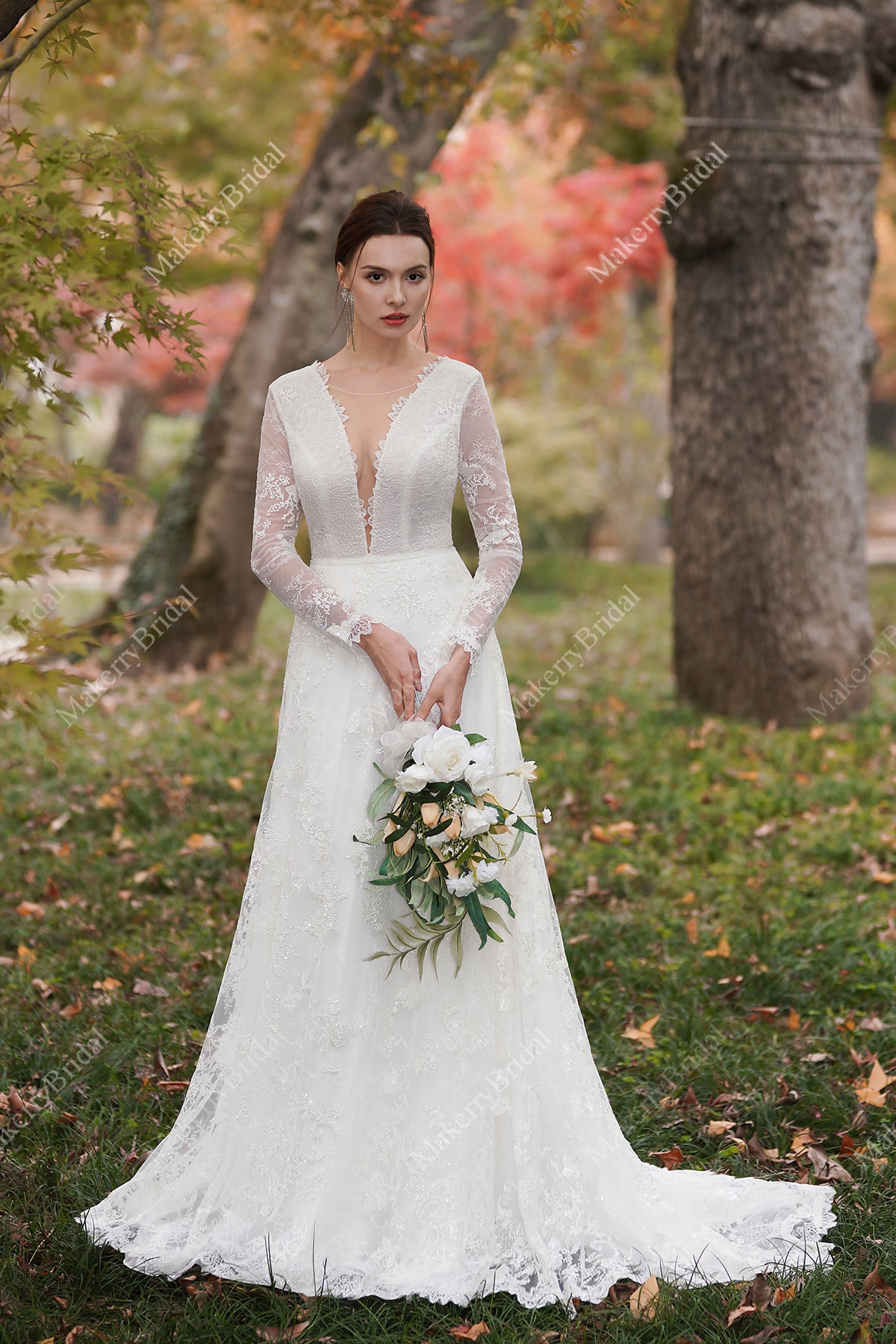 Romantic Floral Lace Beaded Bridal Gown With Long Sleeves