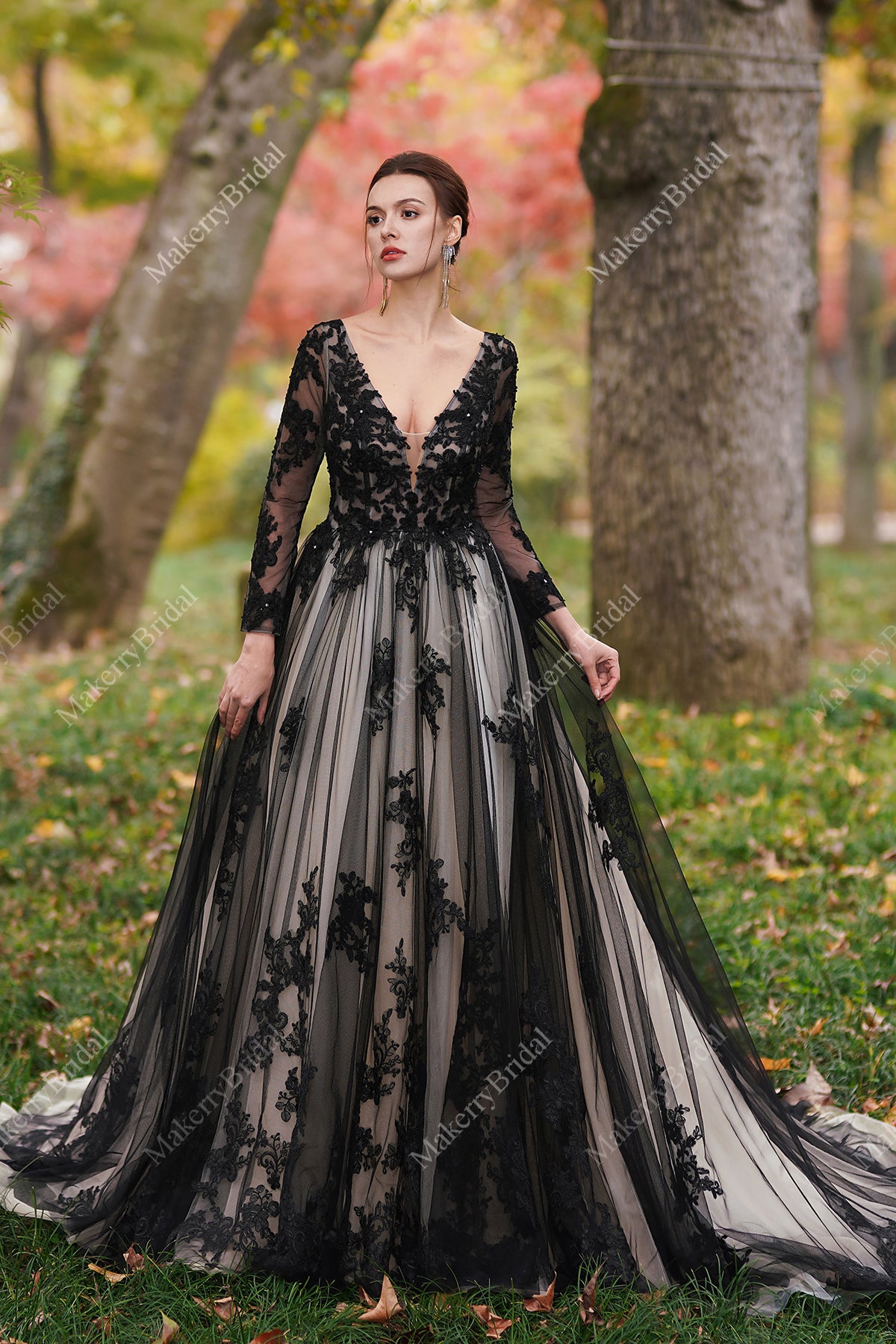 Black Over Nude Beaded Appliques Wedding Dress – MakerryBridal