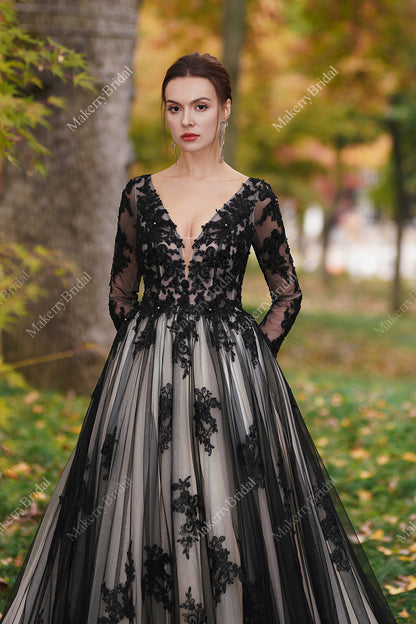 Black Over Nude Beaded Appliques Wedding Dress