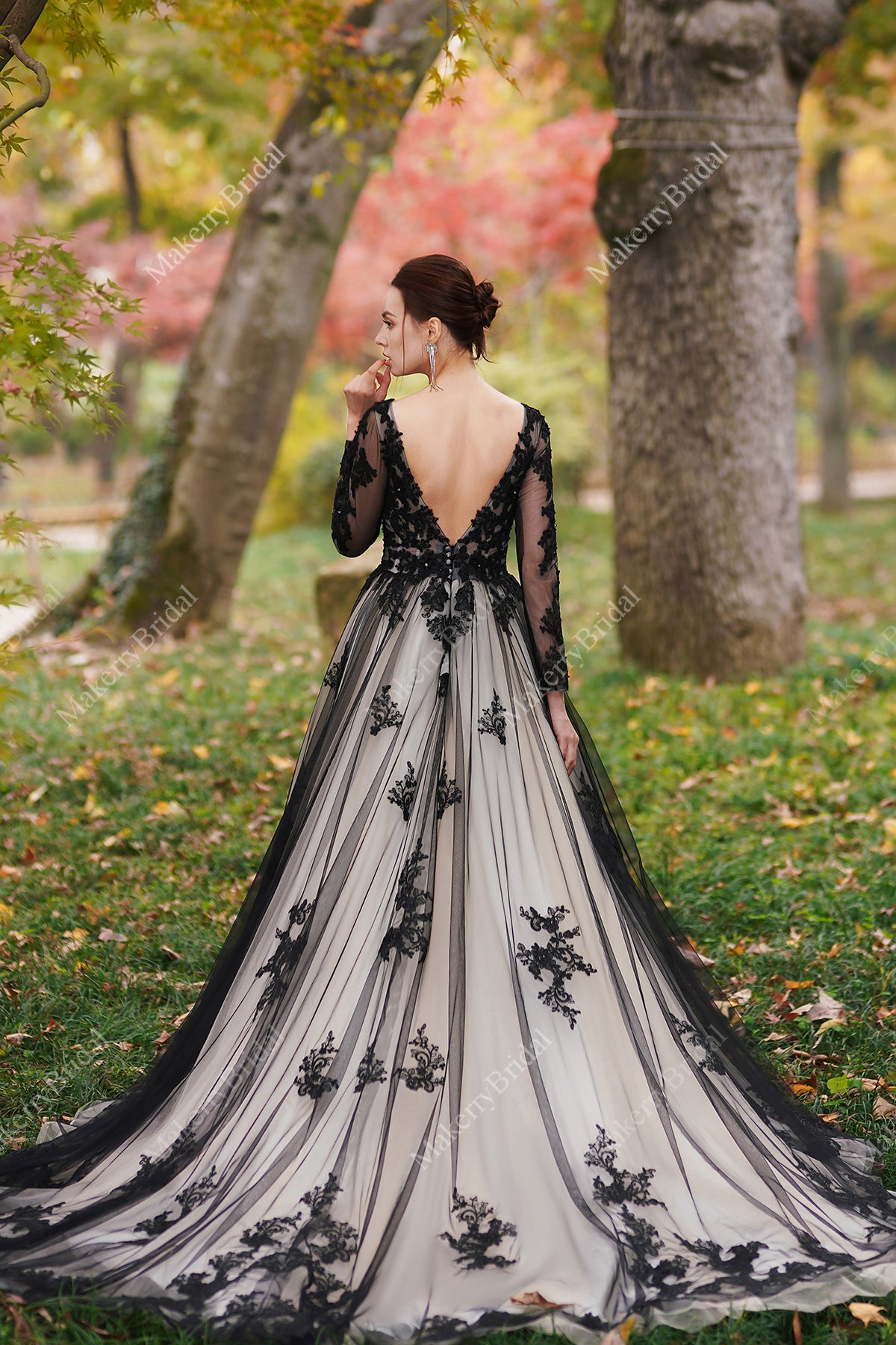 Black Over Nude Beaded Appliques Wedding Dress – MakerryBridal