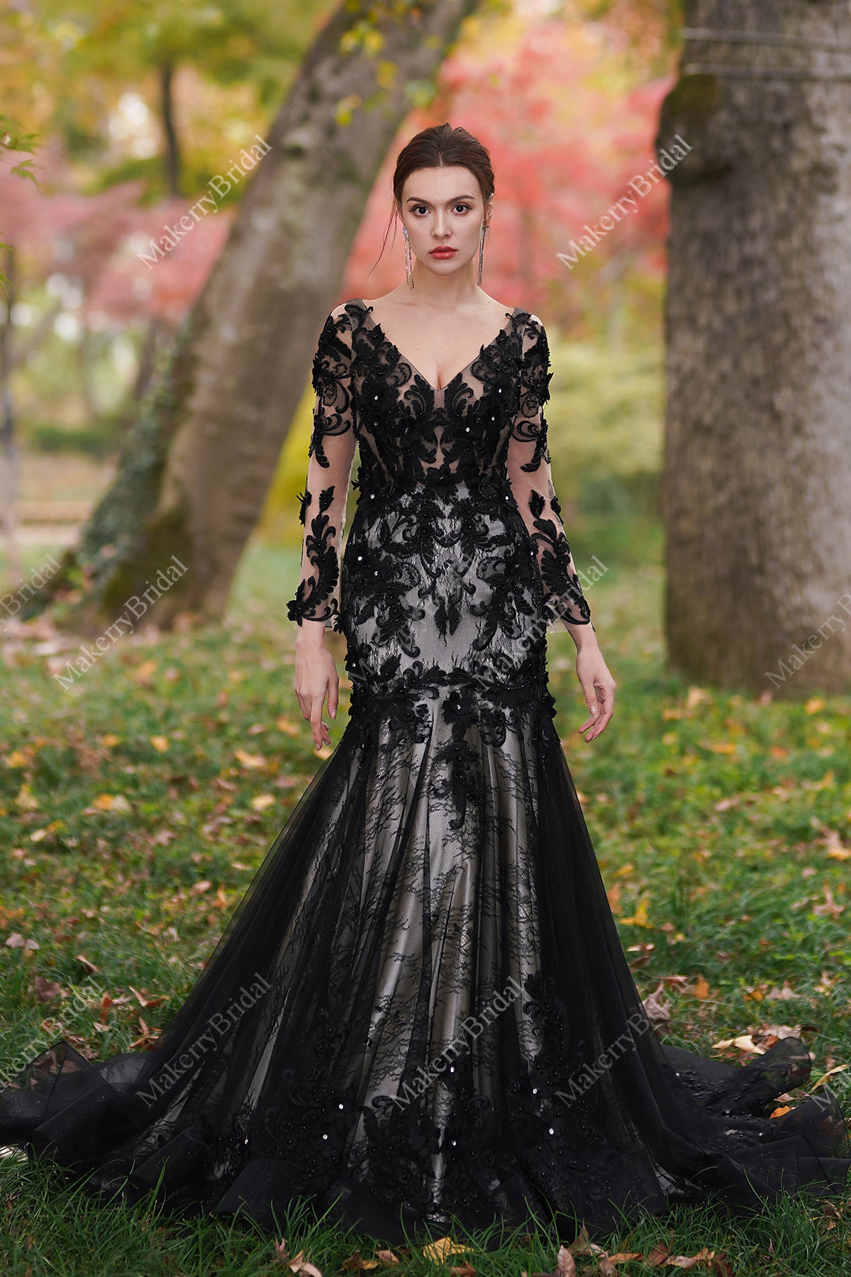 Black Flower Wedding Dress With Illusion Detachable Sleeves