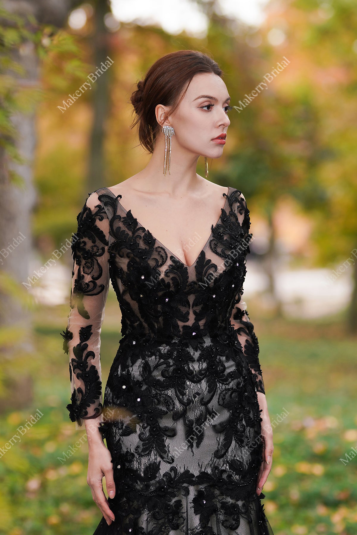 Black Flower Wedding Dress With Illusion Detachable Sleeves – MakerryBridal
