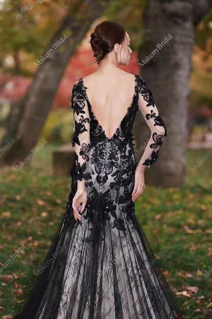 Black Flower Wedding Dress With Illusion Detachable Sleeves