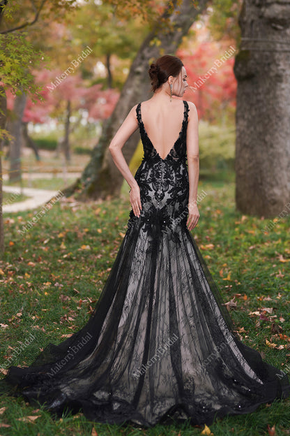 Black Flower Wedding Dress With Illusion Detachable Sleeves