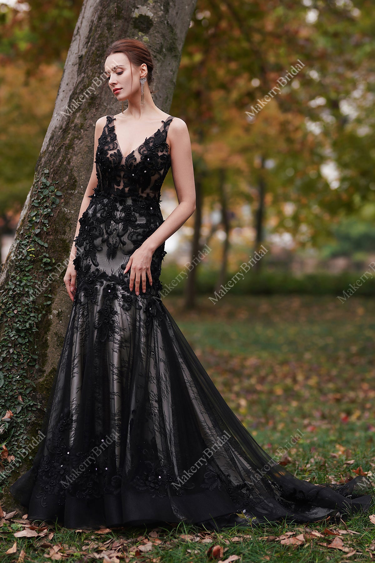 Black Flower Wedding Dress With Illusion Detachable Sleeves