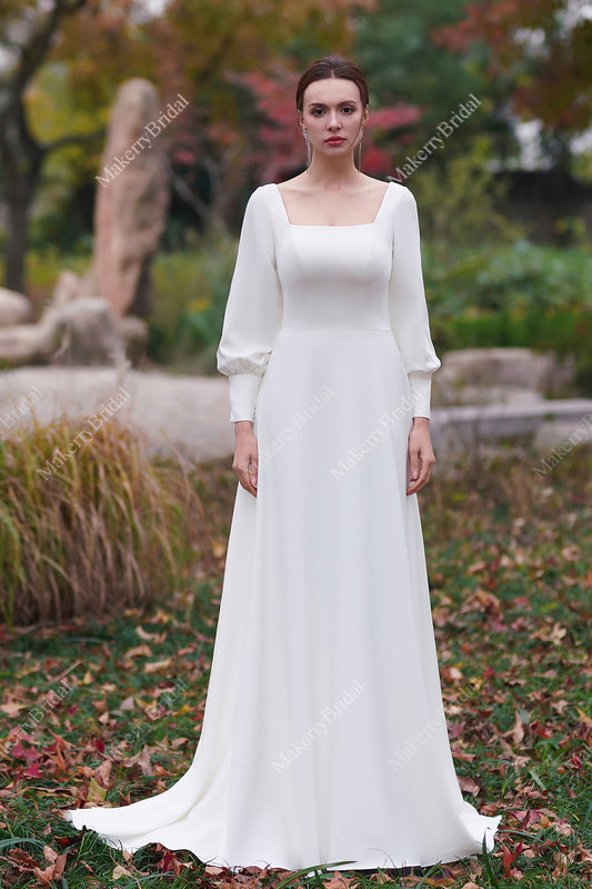 Simple Long Sleeves A-Line Floor Length Bridal Gown