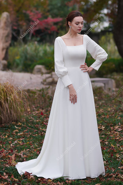 Simple Long Sleeves A-Line Floor Length Bridal Gown