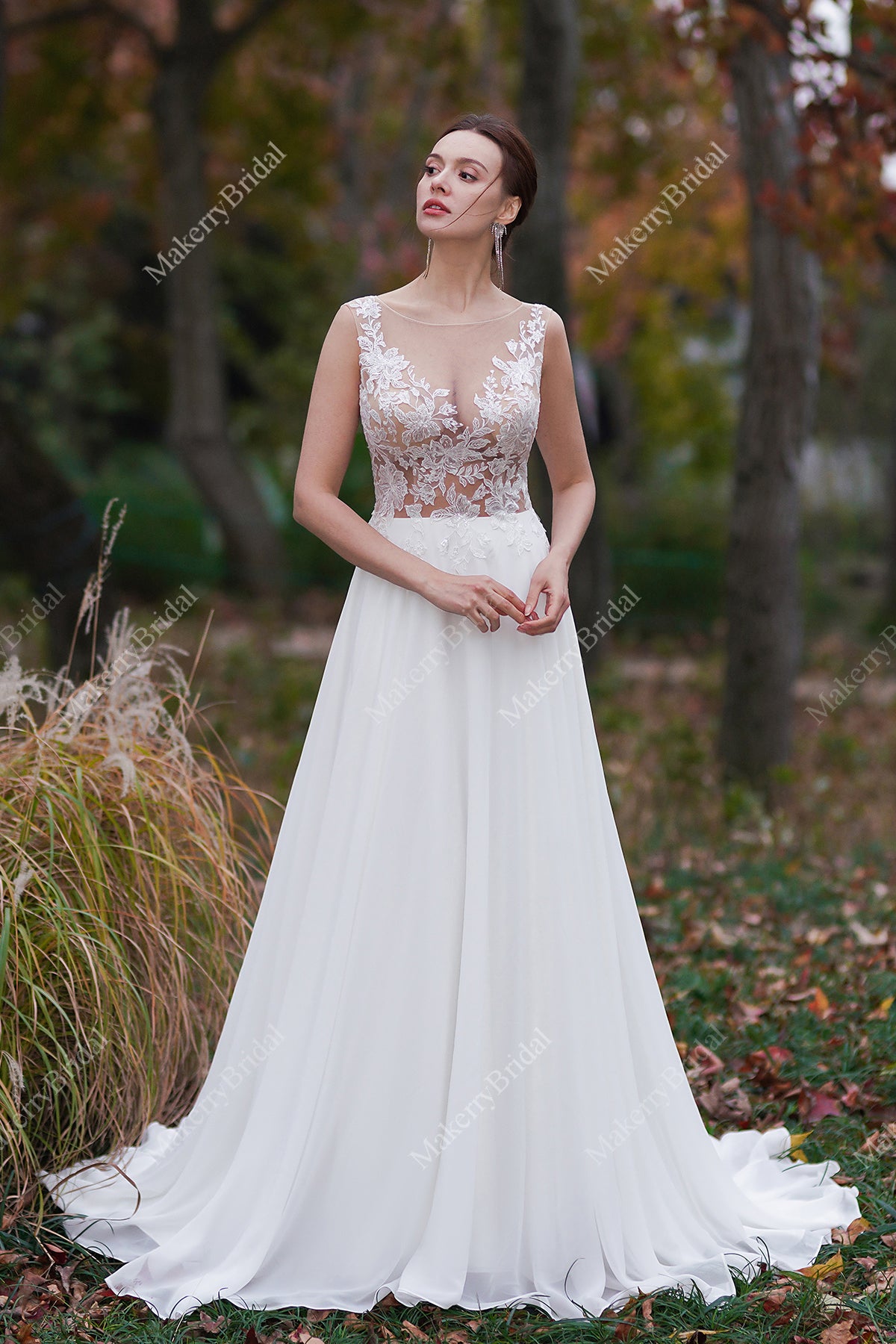 Sheer Lace Appliques Beach Wedding Dress